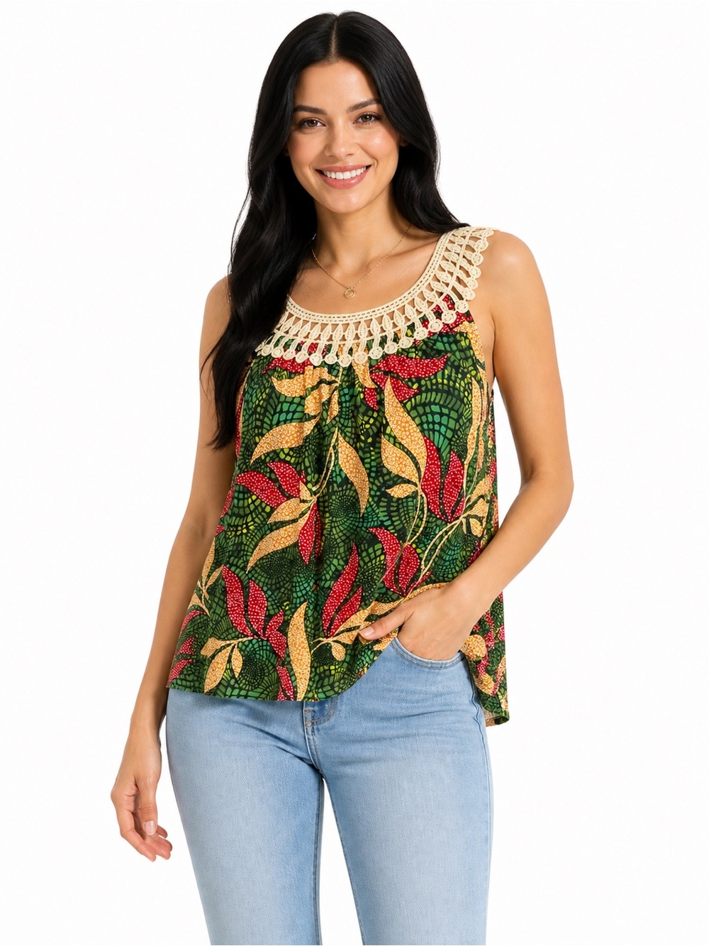 Amana Boho Tropical Print Crochet Neck Tank Top L Flowy Summer lightweight